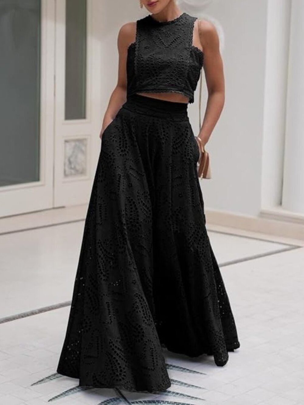Women's 2 Piece Eyelet Crop Tank Maxi Skirt Set in Black